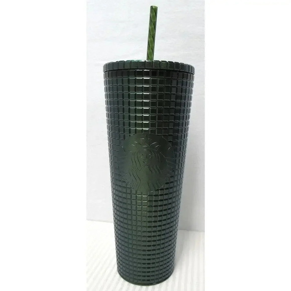 Starbucks Other - Starbucks Dark Green Metallic Shimmer Grid 24oz Venti Tumbler Cold Cup Straw NEW